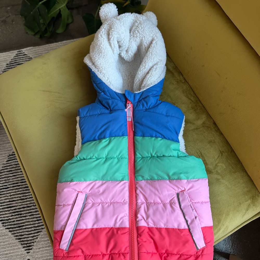 Mini Boden Multicolor Puffer Vest with Sherpa Hood
